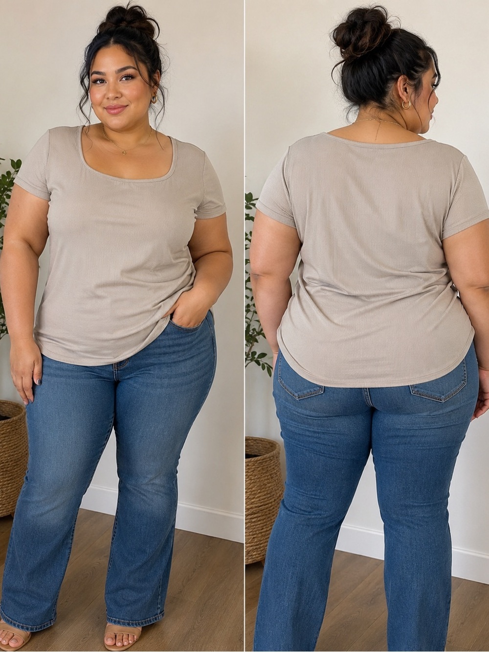 just be Scoop Neck Short Sleeve Top - Beige